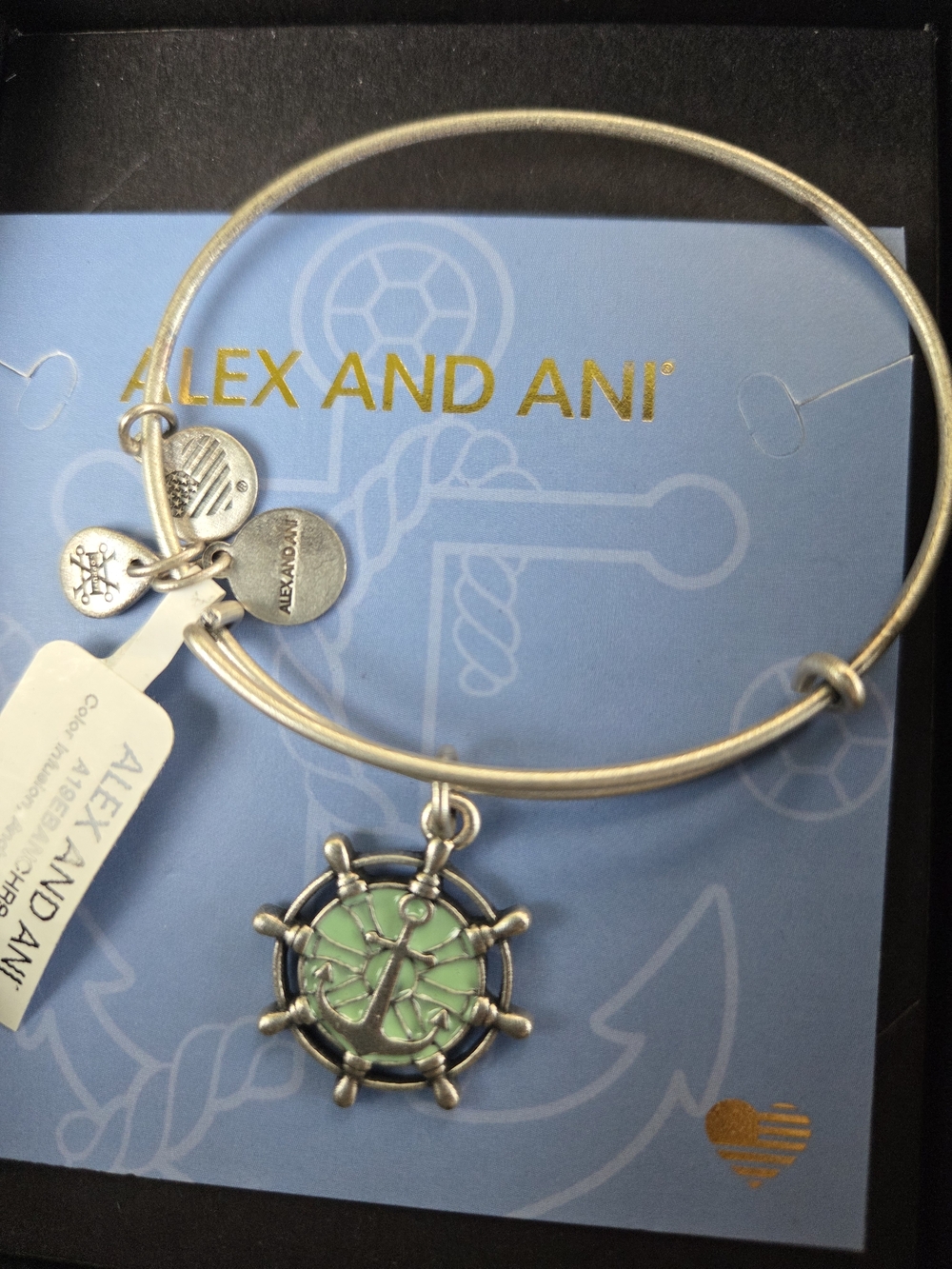 Alex and Ani Silver Bangle Bracelet with Mint Nautical Wheel Charm